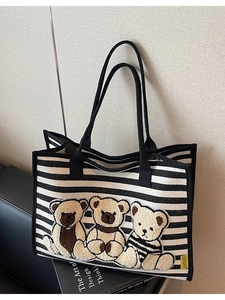 Grand cabas en toile rayée avec broderies d'ours en peluche 3D pour femmes élégant