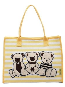 Sac fourre-tout en toile rayée avec broderie ours mignon et anses jaunes pour femmes