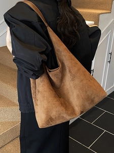 Vintage frosted large capacity tote bag in brown faux suede for daily commute