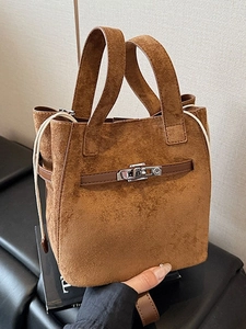 Borsa a Secchiello in Camoscio Vintage per Donna Borsa a Tracolla Smerigliata Con Serratura in Metallo Coulisse Piccola Borsa
