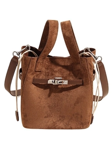 Borsa a secchiello vintage in pelle scamosciata marrone con chiusura girevole in metallo