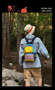 Outdoor color-block backpack with bungee cord details shown in a forest setting
