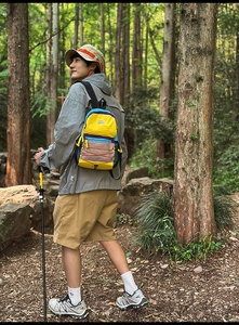 Detailed view of colorful outdoor hiking backpack with bungee cords in forest setting
