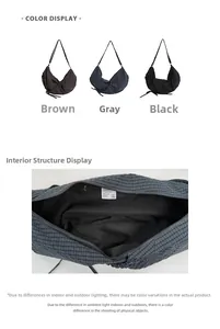 Detail view of large capacity crescent bags showing plaid patterns and three color options