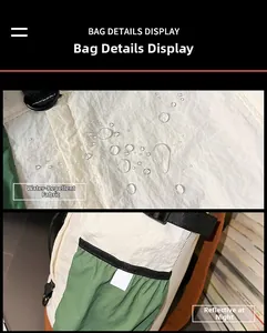 Detail of waterproof fabric with water droplets and reflective strip on a backpack