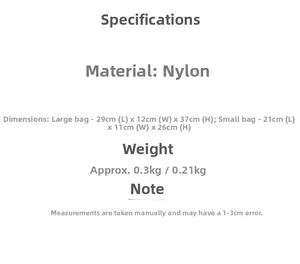 Size guide for nylon backpacks: Large 29x12x37cm (0.3kg) and Small 21x11x26cm (0.21kg)