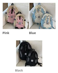 Detailed comparison of large and small color-block nylon backpacks in three color options