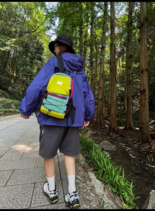 Outdoor adventure backpack with vibrant color-block panels and elastic bungee cords detail