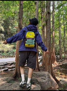 Outdoor color-block backpack with bungee cord shown in a scenic forest hiking setting