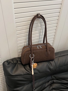 Women Vintage Frosted PU Underarm Bag Contrast Stitching Embossed Letters Boston Bag With Baseball Charm Shoulder Bag