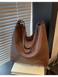 Brown grainy leather bucket bag with large capacity and golden hardware on books