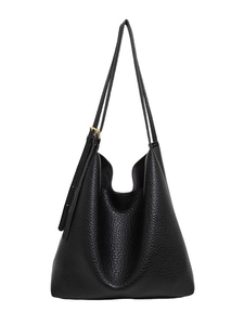 Large black pebbled leather tote bag with dual shoulder straps and gold hardware