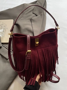 Vintage Faux Suede Tassel Crossbody Bag For Women Fashion Fringe Bucket Shoulder Bag With Metal Lock Twist Clasp Handbag