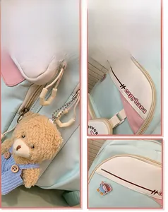 Detailed view of light blue backpack with cute bear pendant and embroidery accents
