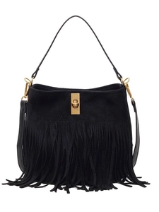 Vintage black suede crossbody bag with elegant long tassels and golden swivel lock