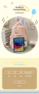 Size chart showing 31x18x45cm dimensions and weight for this pink nylon school backpack