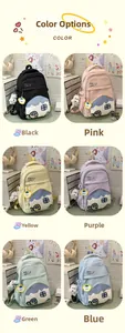 Close-up of cute school backpacks in six colors with cartoon house pockets and plush charms