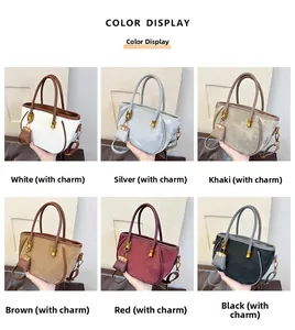 Detailed color selection showing six stylish tote bags with matching charms in a grid view