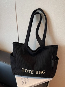 Sac Cabas en Velours Côtelé pour Femmes Grande Capacité Sac à Épaule avec Broderie de Lettres Tote Bag Rétro Décontracté