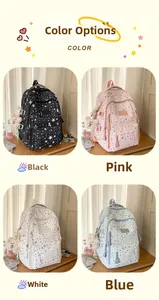 Star pattern student backpack collection shown in black, pink, white, and light blue