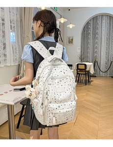 Detailed view of white star pattern canvas backpack with cute charms in indoor setting