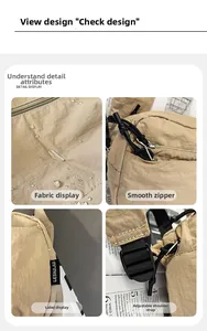 Détails du tissu en nylon kaki imperméable, du logo, du zip et de la bandoulière