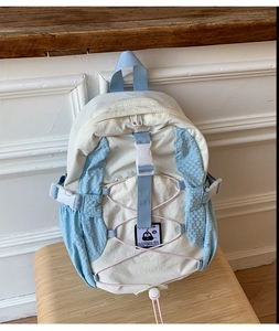 Detail of a lightweight nylon backpack with plastic buckles and pink bungee cord accents