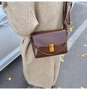 Photo extérieure d'un sac bandoulière vintage en cuir marron avec boucle dorée et chaîne