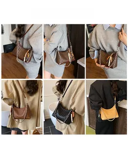 Detailed views of woven hobo bags in dark brown, black, and ginger yellow with chain detail