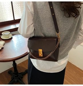 Détail du sac en cuir marron brillant avec boucle dorée et décoration de chaîne chic