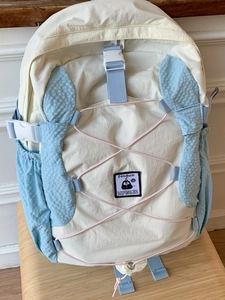 Minimalist blue and white nylon backpack with penguin patch on wooden chair