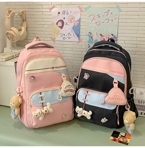 Detail of multi-pocket backpacks with plush bear charms and cute embroidery text