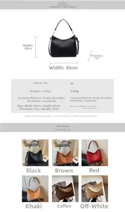 Tableau détaillé montrant les dimensions, le poids et les six couleurs de ce sac en PU