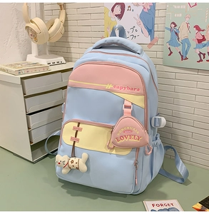 Detail of light blue student backpack with cute cat plushie and capybara print