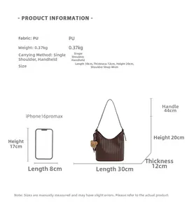 Detailed size chart of a brown woven shoulder bag with dimensions and phone comparison