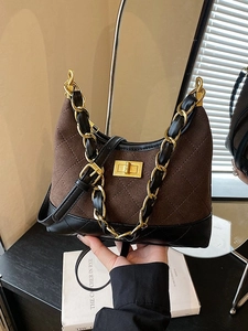 Women Retro Quilted PU Leather Shoulder Bag Vintage Contrast Color Chain Hobo Bag Chic Twist Lock Crossbody Bag Fashion Handbag