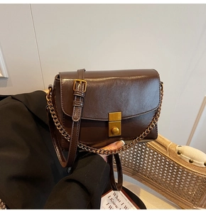 Vue détaillée du sac rétro marron avec texture de cuir fine et fermoir en métal doré chic