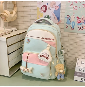 Close-up of mint green backpack with capybara embroidery and cute bear plush charm