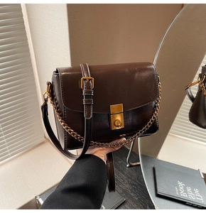 Détail d'un sac à main en cuir marron foncé avec fermoir doré et bandoulière chaîne