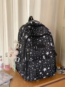 Nylon Star Print Backpack Large Capacity School Bag For Women College Students Laptop Travel Rucksack With Cute Plush Charm