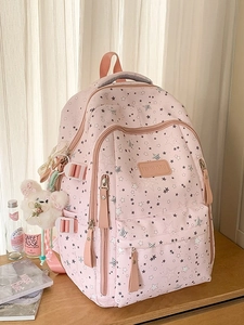 Pink student backpack with star patterns, large capacity and cute teddy bear charm