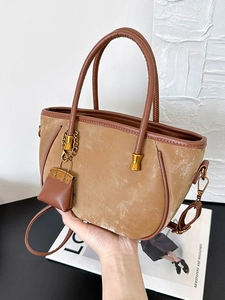 Vintage Suede Velvet Bucket Bag For Women Contrast Color PU Leather Shoulder Crossbody Bag With Mini Bag Pendant Charm
