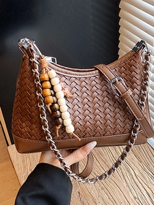 Retro Woven Crossbody Bag For Women PU Leather Chain Shoulder Hobo Bag With Wood Bead Pendant Vintage All-match Small Dumpling Bag