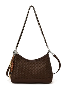 Retro brown woven leather shoulder bag with silver chain and bead detail on white backdrop