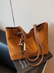 Minimalist large capacity brown suede tote bag with stylish wooden bead tassel and straps