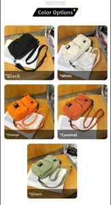 Collage showing stylish nylon crossbody bags in black, white, orange, caramel and green