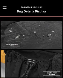 Water-repellent fabric detail of black shoulder bag with drawstring front pocket closure