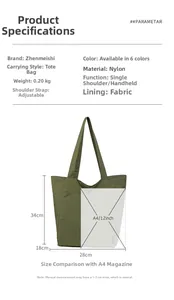Détail du sac fourre-tout en nylon vert armée avec capacité A4 et bandoulière réglable