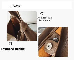 Detail view of the brown leather tote with knotted shoulder strap and magnetic clasp