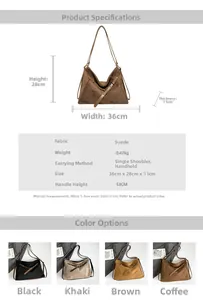 Detailed size chart and multi-color options for large suede leather tote bag